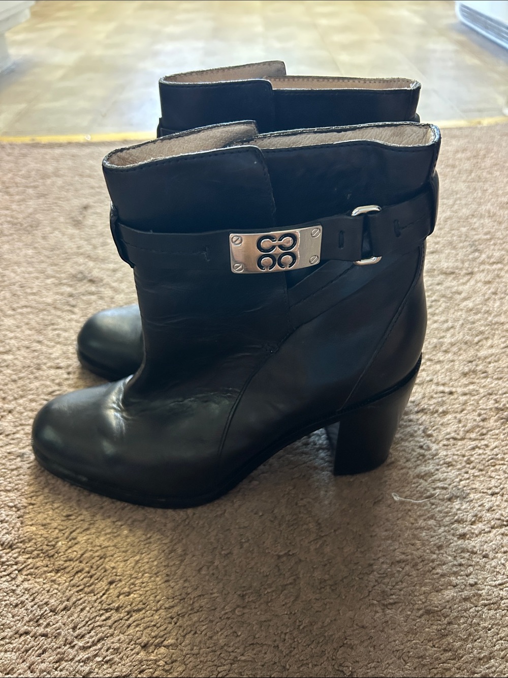 Coach Kassandra Black Leather Heel Ankle Boots with Silver Plaque Strap